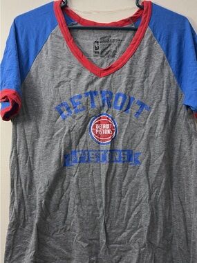 NBA Detroit Pistons Gray V-Neck Tee with Blue Sleeves and Red Trim